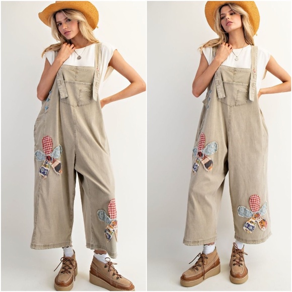 Easel Khaki Flower Patchwork Denim Jeans Wide leg overalls - Picture 1 of 2